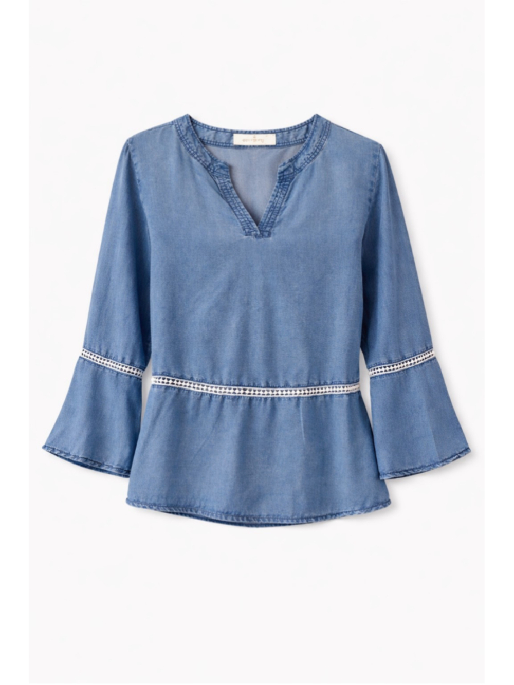 Kelly Renee Lyocell Chambray Blouse Boho Lace Trim Bell Sleeve Top S